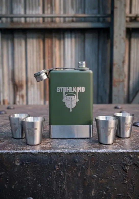 Edelstahl-Flachmann und 4 Pinneken